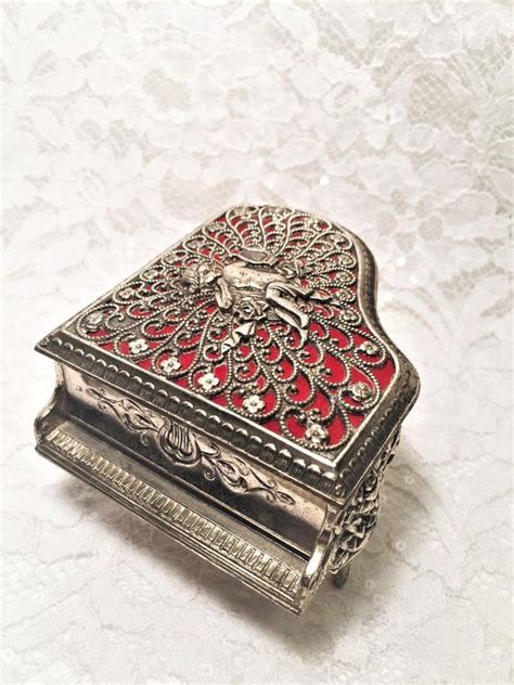 Vintage Silver Tone Metal Piano Cherub Rose Filigree Music Box 